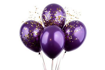 Purple balloons adorned with golden glitter confetti, floating gracefully, isolated on a transparent background in PNG format.