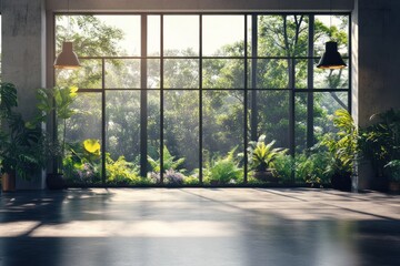 Sunlit modern room with large window overlooking lush greenery.
