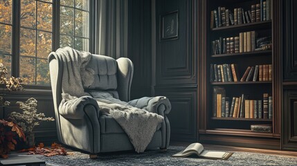 A cozy bedroom corner with a pallet bookshelf and armchair.