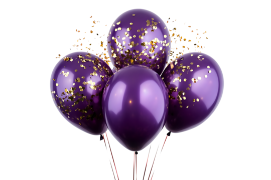 Purple balloons adorned with golden glitter confetti, floating gracefully, isolated on a transparent background in PNG format.