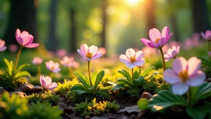 Fototapeta premium Golden hour illuminates a field of delicate pink blossoms, their petals softly catching the sunlight, creating a tranquil and serene natural scene.