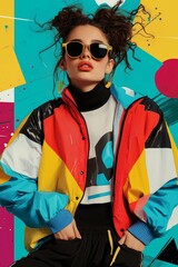 Stylish woman in retro jacket and sunglasses against colorful background.