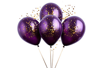 Purple balloons adorned with golden glitter confetti, floating gracefully, isolated on a transparent background in PNG format.
