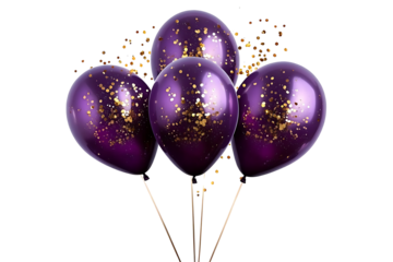 Purple balloons adorned with golden glitter confetti, floating gracefully, isolated on a transparent background in PNG format.