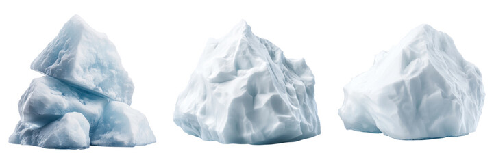 Three icebergs isolated on transparency background, showcasing icy textures