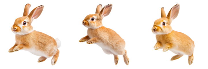 Three cute rabbits jumping playfully on transparency background