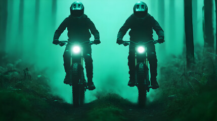 Fototapeta premium Mountain biking adventure through enchanted forest whimsical atmosphere night view