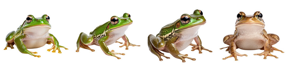 Four vibrant green frogs sitting in row on transparency background
