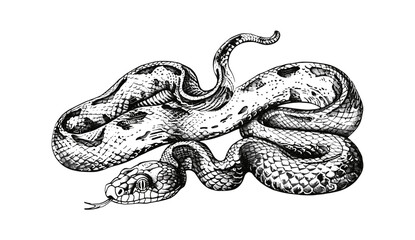 Black and white hand drawn snake, vintage vector engraving, reptile illustration, asp silhouette, viper cobra sketch, isolated serpent art, ink drawing, snake vector image