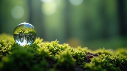 Crystal Ball Reflecting Forest Landscape on Mossy Ground