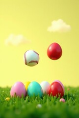 Fototapeta premium A playful spring scene featuring pastel-colored eggs nestled in vibrant green grass, with a baseball and a solid-colored egg playfully suspended above