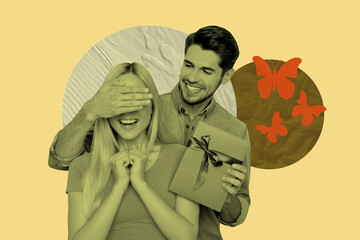 Photo collage trend sketch artwork of couple man cover eyes lady surprise hold giftbox affection...