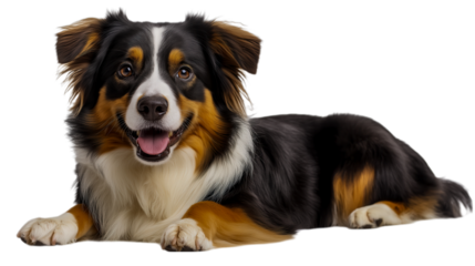 A  dog lying down with a calm expression, showcasing its intelligence and loyal nature, on transparent background.