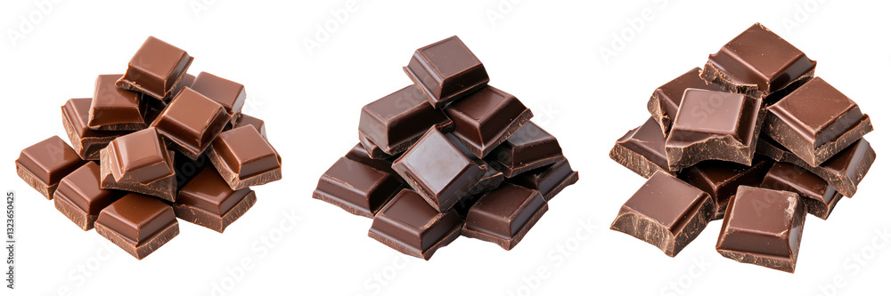 Poster assorted chocolate cubes in three piles on transparency background