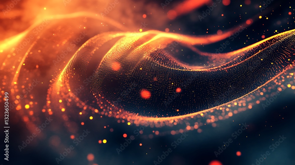Poster abstract orange glowing particle wave background for technology, science, and design projects