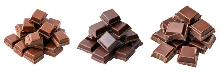 Obraz premium Assorted chocolate cubes in three piles on transparency background