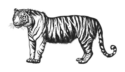 Vintage tiger engraving, vector illustration, ink sketch, black and white wild cat, Africa predator, hand drawn animal silhouette, jungle king, detailed line art, wildlife artwork