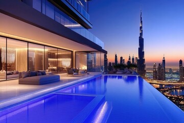 Fototapeta premium Luxurious rooftop pool overlooking Dubai skyline