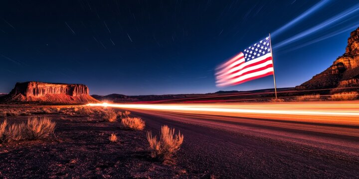 A stunning view of the American flag waving in the night sky. A beautiful landscape with light trails from passing cars. Perfect for patriotic themes, travel, or night photography. AI