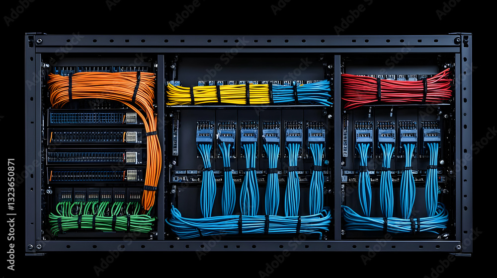 Poster organized server rack displaying colorful network cables on dark background