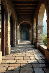 Fototapeta premium Sunlit Stone Corridor An Architectural Perspective of a Serene, Ancient Passageway with Archways and Wooden Doors
