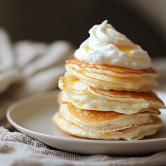 Stack of golden fluffy pancakes topped with whipped cream and syrup, creating a delicious and sweet breakfast or dessert for food lovers