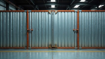 Industrial corrugated metal gate with rusty accents and orange frame in a large warehouse