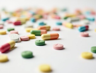 Colorful Pills and Capsules Scattered on White Surface Representing Medicine and Healthcare