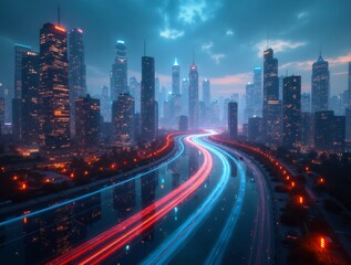 Fototapeta premium Futuristic cityscape with glowing digital streams
