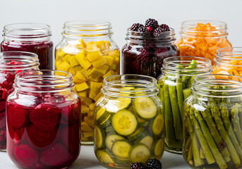 A vibrant collection of assorted fermented foods displayed in clear glass jars, featuring a colorful array of textures and hues from vegetables and fruits, symbolizing healthy probiotic rich cuisine,p