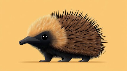 Fototapeta premium Illustrated Echidna with Detailed Textured Spines and Soft Fur Against a Warm Tan Background Displaying a Side Profile