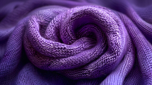Close-up of a beautifully knitted purple yarn swirl on a soft fabric surface, showcasing texture and color