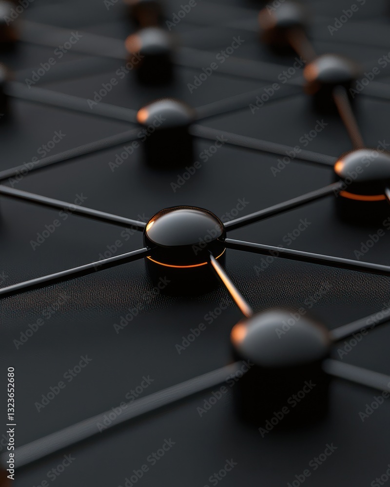 Poster abstract close-up view of interconnected spheres and lines on a dark surface showcasing a modern sci