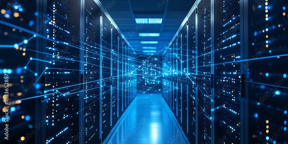 Poster server room hosting data with glowing connections and futuristic design