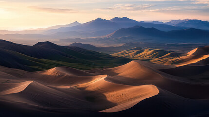 Naklejka premium breathtaking high altitude view of vast desert landscape with rolling sand dunes and distant mountains, showcasing nature beauty