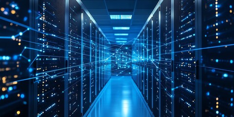 Server Room Hosting Data with Glowing Connections and Futuristic Design