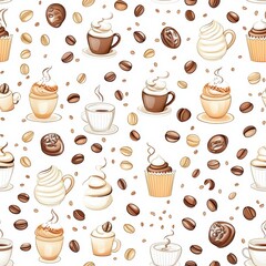 Obraz premium Seamless pattern with Charming Coffee Time Delights Seamless Pattern with Beans Cups and Treats for Background Design