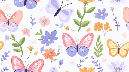 Seamless pattern with Charming Floral Butterfly Pattern Featuring Pastel Colored Flowers and Insects on a White Backdrop