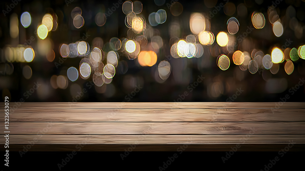 Poster empty wooden table with blurred lights and dark background for product display