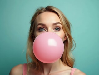 Young woman blowing pink bubble gum on turquoise background