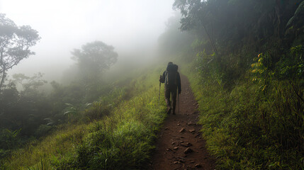 Fototapeta premium Hiker walking along foggy trail surrounded by lush greenery, evoking sense of adventure and tranquility