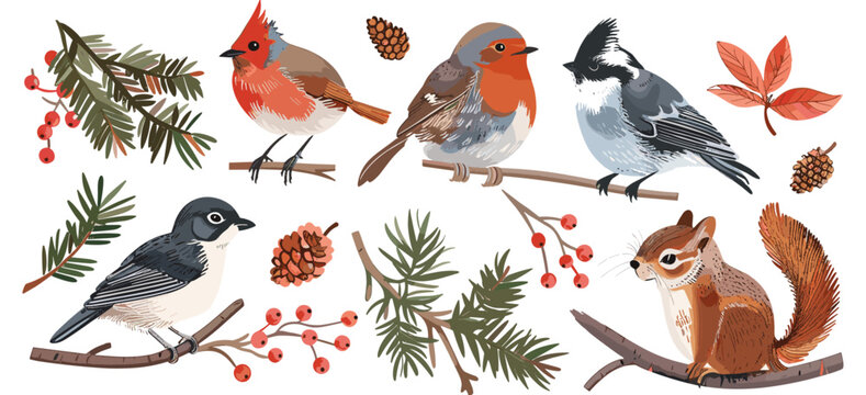 Birds, squirrel, winter animals vector set, wildlife, forest animals, snowy landscape, cute animal designs, winter scene illustrations, nature, snow creatures, animal vector graphics