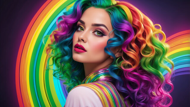 A vibrant woman with rainbow hair and makeup radiates pride against a rainbow backdrop.