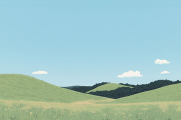 Obraz premium Rolling Hills: A serene vista unfolds, revealing rolling green hills under a vast, clear blue sky, evoking a sense of peace and open space. 