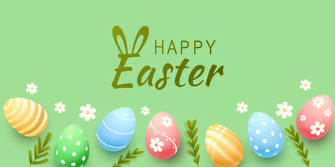 Easter holiday, hare with a basket of Easter eggs, Easter bunny and eggs. Vector illustration