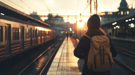 traveler with backpack waits at train station during sunset, capturing moment of anticipation and tranquility