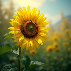 Vibrant close-up of a single sunflower basking in the warm sunlight within a vast field of blooming flowers under a bright sky.