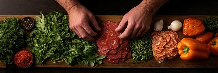 Modern Culinary Craftsmanship Farm-to-Table Artisan Meat Preparation with Vibrant Organic Herbs and Seasonal Produce - Gourmet Cooking Skills Visualization