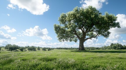Fototapeta premium A solitary tree stands majestically under a clear blue sky in a vast green meadow.