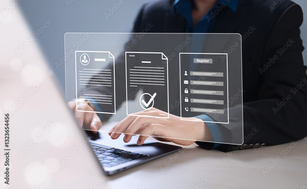 Fototapete Complete an online survey Register with an online registration form Register a new user Complete an application form with personal information to create an account on the website.